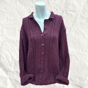 90’s Women's Cable Knit Cardigan Sweater - Plum M/L Coastal Cabincore